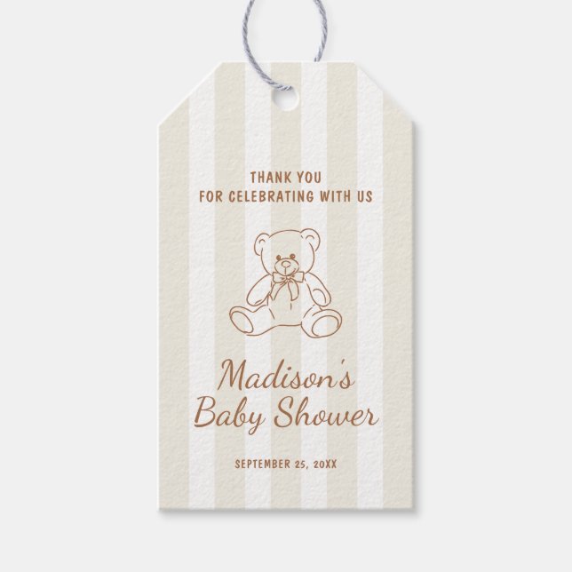 Teddy Bear Neutral Stripes Babydusche Geschenkanhänger (Vorderseite)