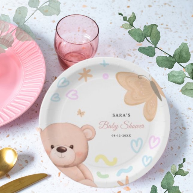 Teddy Bear Niedlich Pastel Girl Babydusche Cartoon Pappteller (For more advanced customization of this design, simply select the "Personalize it" button above!)