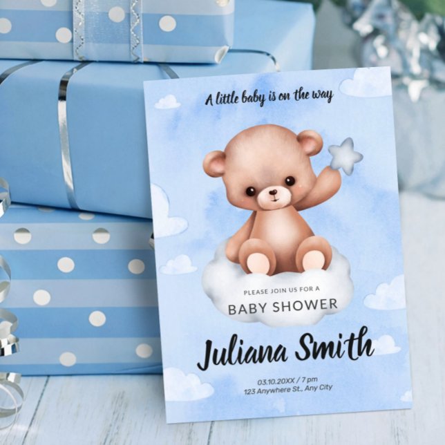 Teddy Bear on Cloud Watercolor Blue Baby Shower Einladung (Teddy Bear on Cloud Watercolor Blue Baby Shower Invitation, We Can Bearly Wait)
