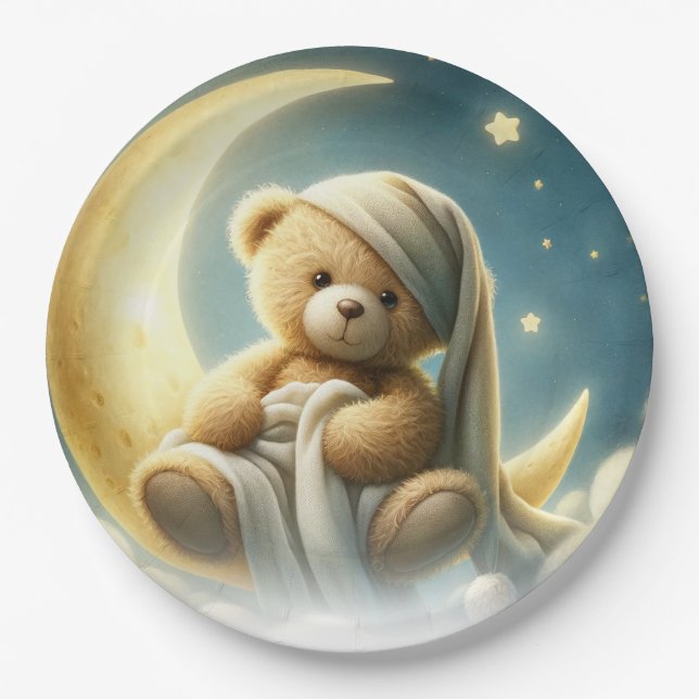 Teddy Bear on Moon Glow Stars Babydusche Pappteller (Vorderseite)
