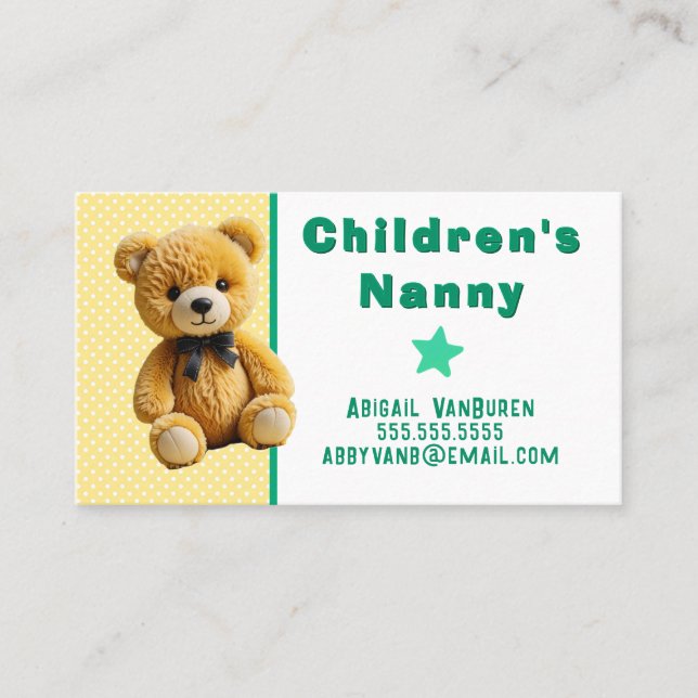 Teddy Bear on Polka Dots Nanny Babysitter Daycare Visitenkarte (Vorderseite)
