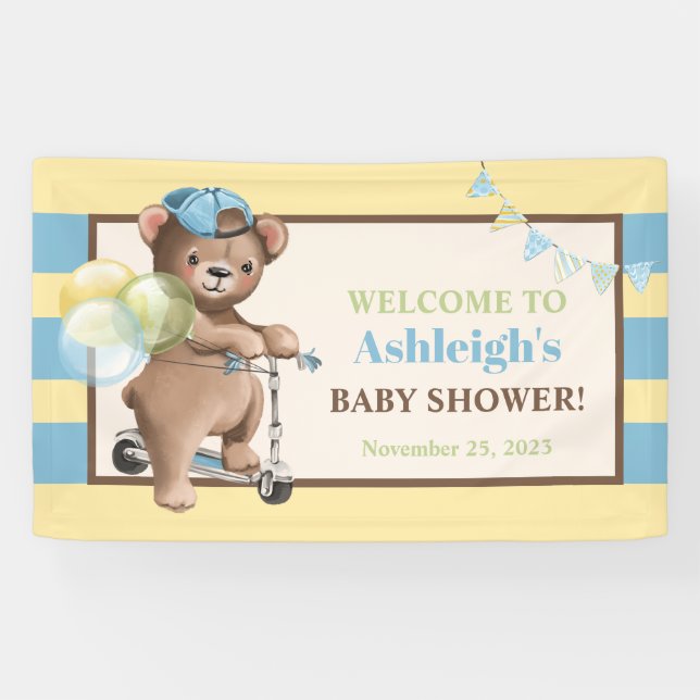 Teddy Bear on Scooter, Striping Baby Shooter Banner (Horizontal)