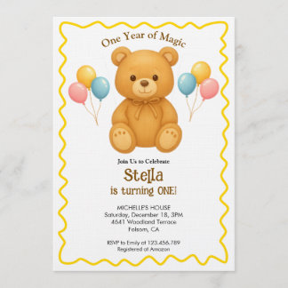 Teddy Bear One Year of Magic First Birthday  Einladung