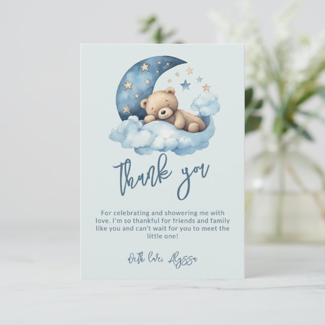 Teddy Bear Over the Moon Baby Shower Dankeskarte (Stehend Vorderseite)