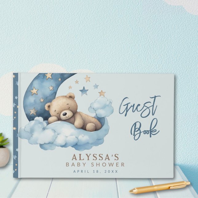 Teddy Bear Over the Moon Blue Baby Shower Gästebuch (Von Creator hochgeladen)