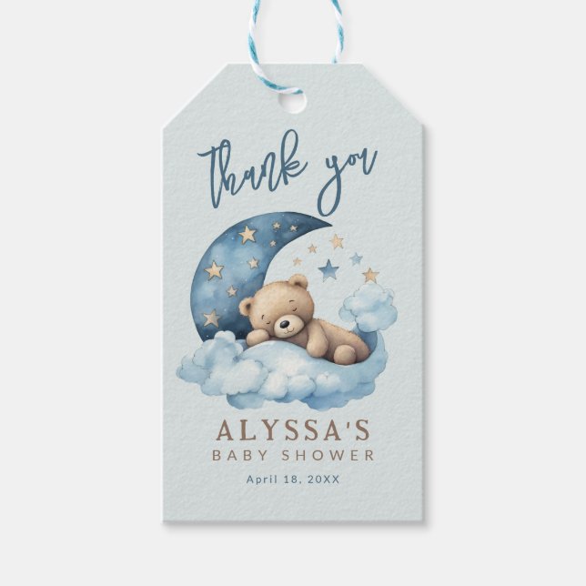 Teddy Bear Over the Moon Blue Baby Shower Geschenkanhänger (Vorderseite)
