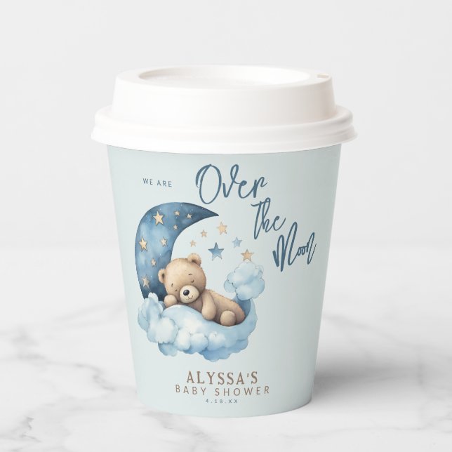 Teddy Bear Over the Moon Blue Baby Shower Pappbecher (Vorderseite)
