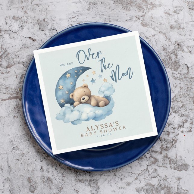 Teddy Bear Over the Moon Blue Baby Shower Serviette (Von Creator hochgeladen)