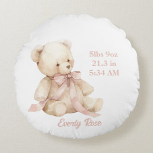 Teddy Bear Pastel Champagne Gold Baby Girl Birth Rundes Kissen
