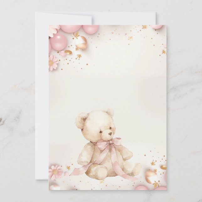 Teddy Bear Pastel Champagne Gold Baby Girl Einladung (Rückseite)