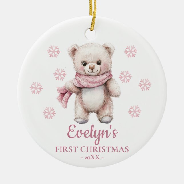 Teddy Bear Personalized Girl's First Christmas Keramik Ornament (Vorne)
