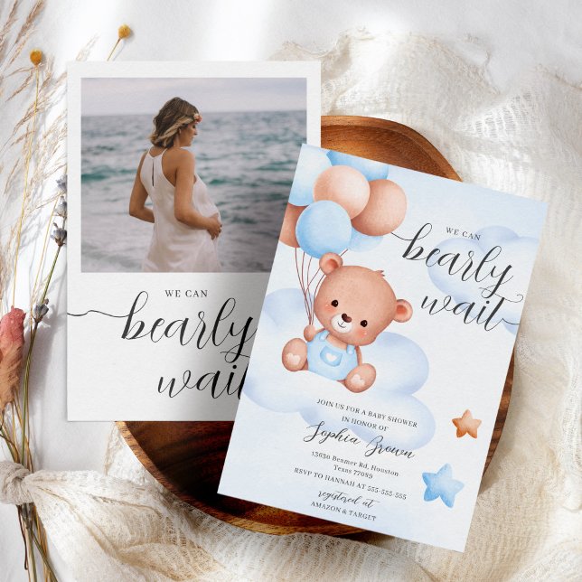 Teddy Bear & Photo Baby Boy Baby shower Invitation (Créateur téléchargé)