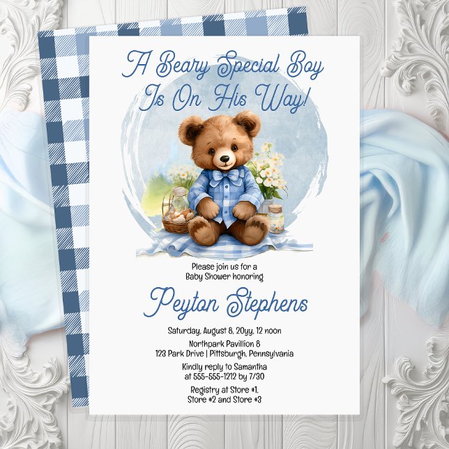 Teddy Bear Picnic Beary Special Boy Baby Dusche Einladung ("A Beary Special Boy Is On His Way!" Cute Teddy Bear Picnic Boy Baby Shower Invitation - Print | Dig)
