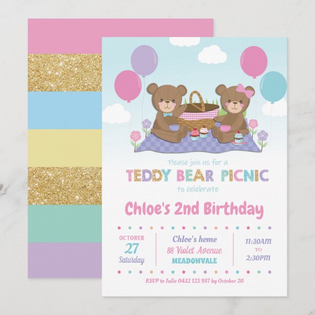 Teddy Bear Picnic Birthday Einladung Girl (Vorne/Hinten)