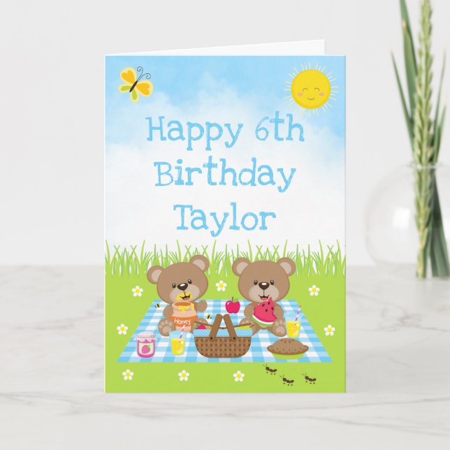 Teddy Bear Picnic Blue Gingham Happy Birthday Karte (Vorderseite)
