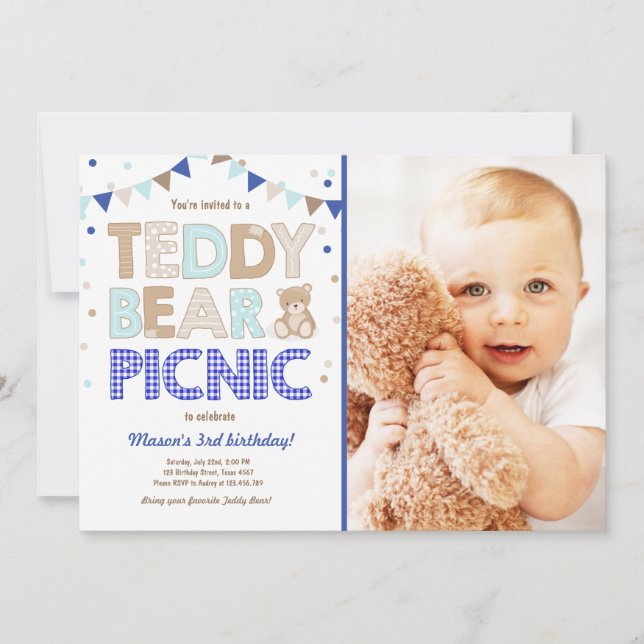 Teddy Bear Picnic Boy anniversaire Invitation Blue (Devant)