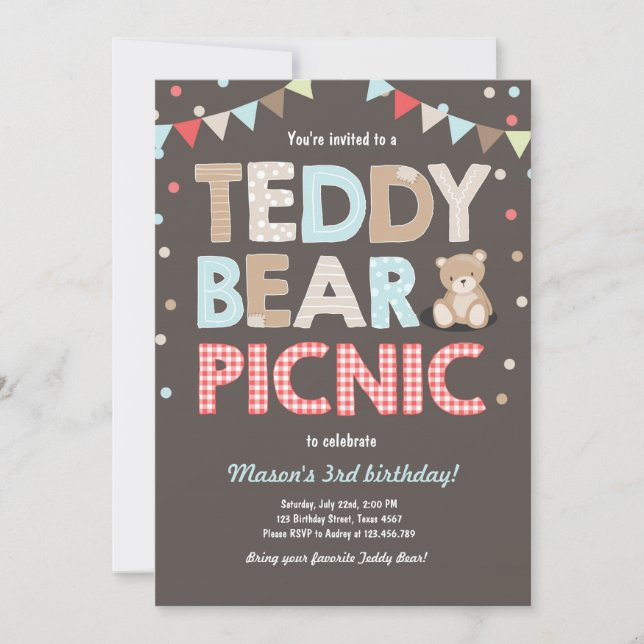 Teddy Bear Picnic Geburtstag Einladung Blue (Vorderseite)