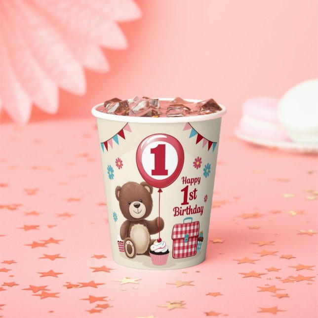 Teddy Bear Picnic Happy 1. Geburtstag Papierplatte Pappbecher (Insitu)
