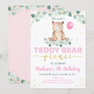 Teddy Bear Picnic Pink Gold Greenery Geburtstag Einladung