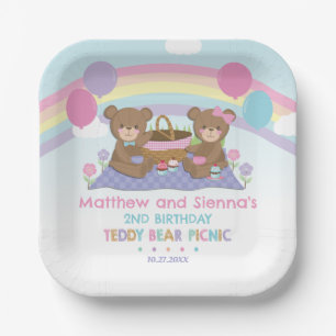 Teddy Bear Picnic Rainbow Twins Boy Girl Birthday Pappteller