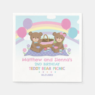 Teddy Bear Picnic Rainbow Twins Boy Girl Birthday Serviette