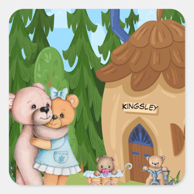 Teddy Bear Picnic Village Personalisiert Quadratischer Aufkleber (Vorderseite)