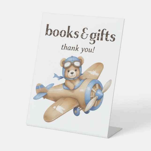 Teddy Bear Pilot Baby Boy Dusche Bücher und Gesche Sockelschild (Vorderseite)