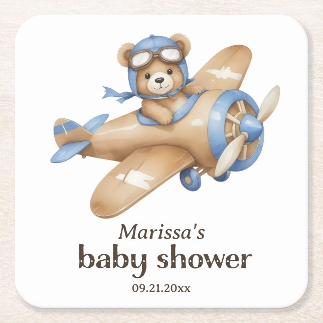 Teddy Bear Pilot Baby Boy Dusche Papier Untersetze Rechteckiger Pappuntersetzer (Vorderseite)
