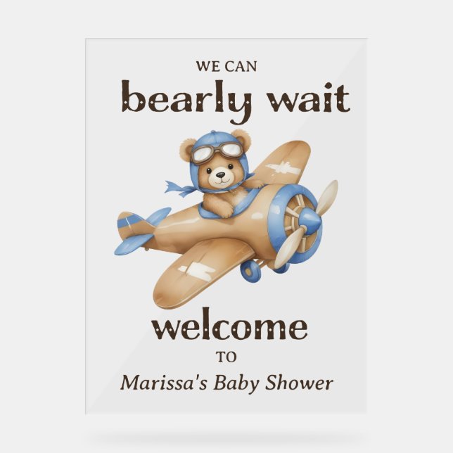 Teddy Bear Pilot Baby Boy Dusche Willkommen Acrylschild (Vorderseite)