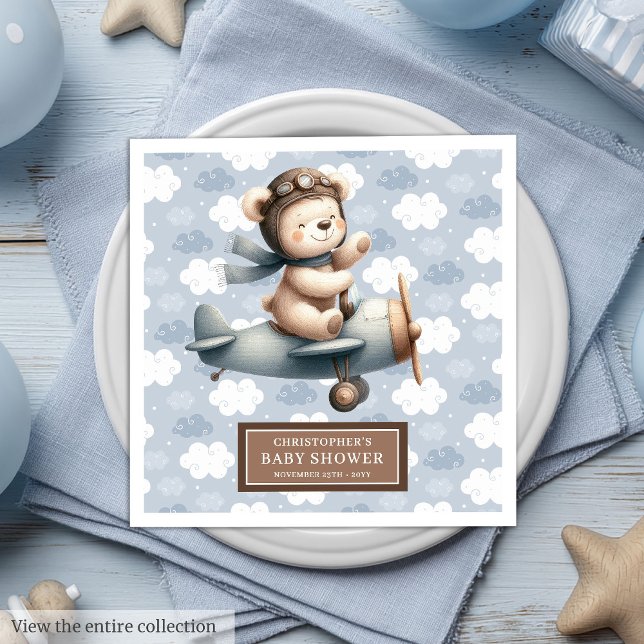 Teddy Bear Pilot Kinderdusche Napkins Personalisie Serviette (Teddy Bear Pilot Baby Shower Napkins Personalized)