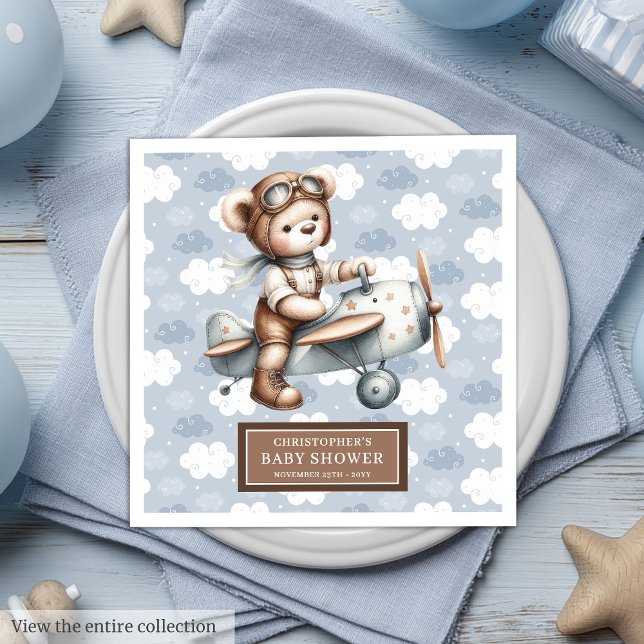 Teddy Bear Pilot Napkins Personalisierte Babydusch Serviette (Teddy Bear Pilot Napkins Personalized Baby Shower Event)