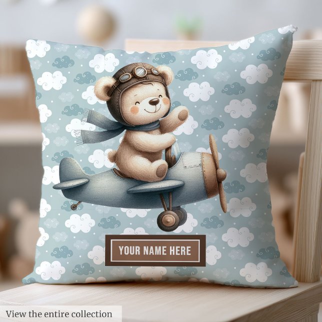 Teddy Bear Pilot Personnalisé Baby Boy Coussin (Teddy Bear Pilot Personalized Baby Boy Pillow)