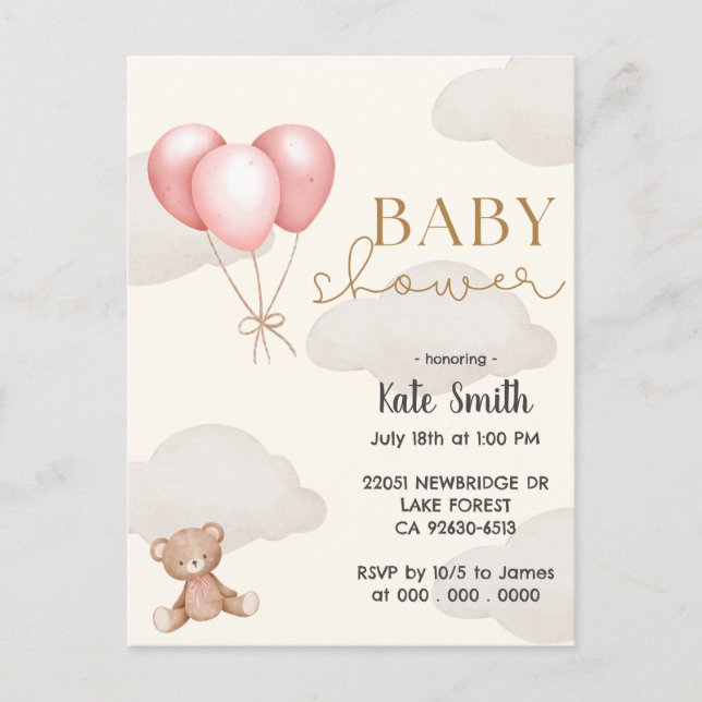 Teddy Bear Ping Ballons Watercolor Babydusche Postkarte (Vorderseite)