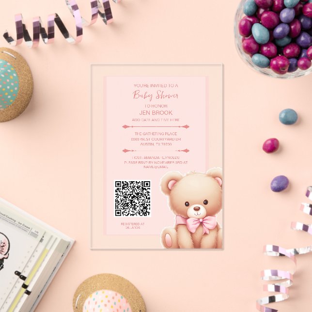 Teddy Bear Pink Baby Dusche Akryllische Einladung (Insitu (Feier))