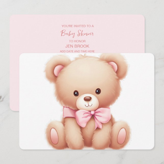 Teddy Bear Pink Baby Dusche Einladung (Vorne/Hinten)