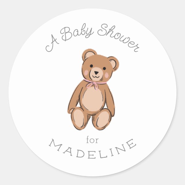 Teddy Bear Pink Baby Dusche Runder Aufkleber (Vorderseite)