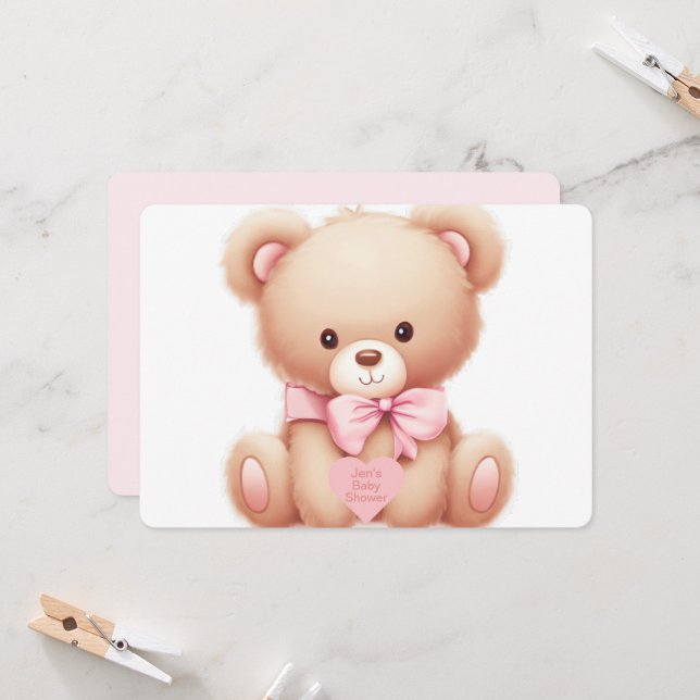 Teddy Bear Pink Baby Girl Dusche Einladung (Vorderseite/Rückseite Beispiel)