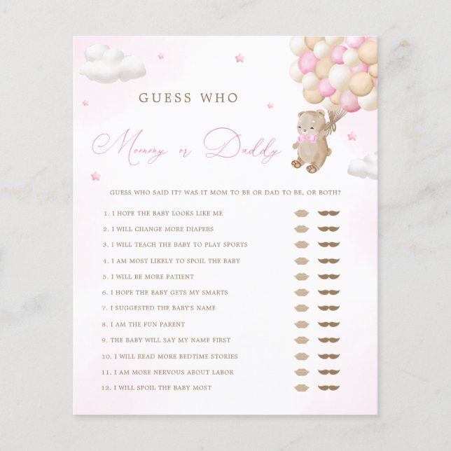 Teddy Bear Pink Baby Shower Mommy oder Daddy Game (Vorderseite)