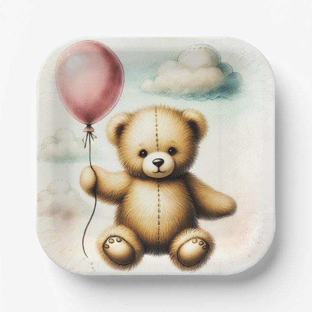 Teddy Bear Pink Ballon Bearly Wait Baby Dusche Pappteller (Vorderseite)