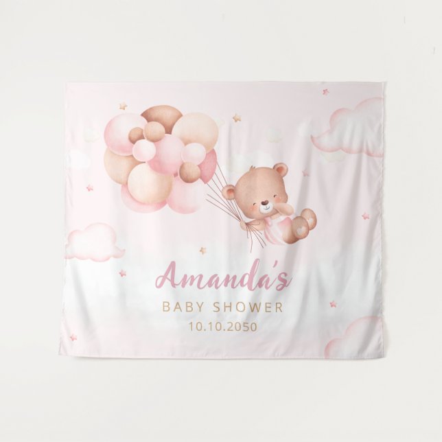 Teddy Bear Pink Ballon Bearly Wait Baby Dusche Wandteppich (Vorderseite (Horizontal))