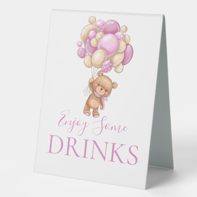 Teddy Bear Pink Ballon DRINKS Table Zelt Sign Tischaufsteller (Vorderseite)