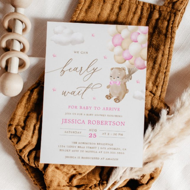 Teddy Bear Pink Ballons Kinderdusche Einladung (Von Creator hochgeladen)