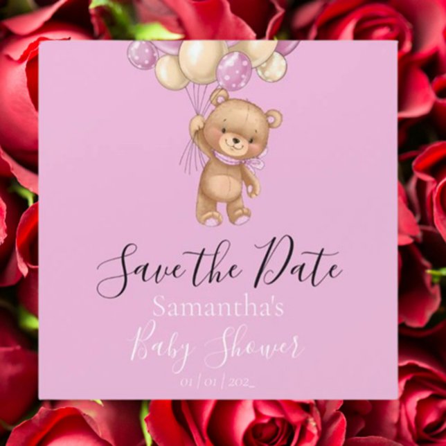 Teddy Bear Pink Balloon Babydusche Save the Date Magnetkarte (Celebrate your special day with our adorable Teddy Bear Pink Balloon baby shower save the date. )