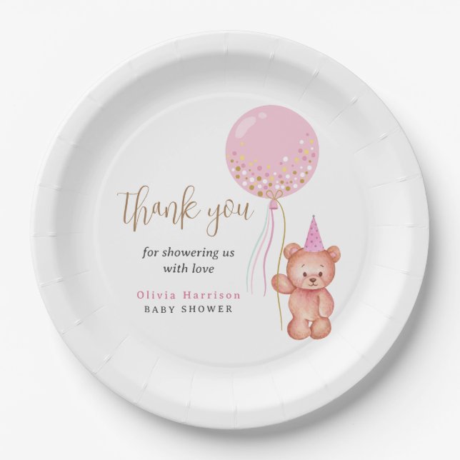 Teddy Bear Pink Balloon Girl Babydusche Vielen Dan Pappteller (Vorderseite)