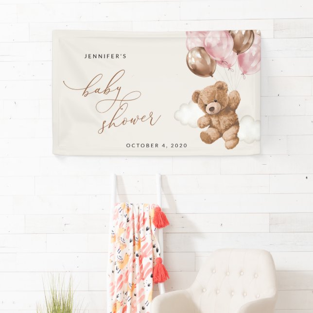 Teddy Bear, Pink Balloons, Baby Dusche Willkommen Banner (Insitu)