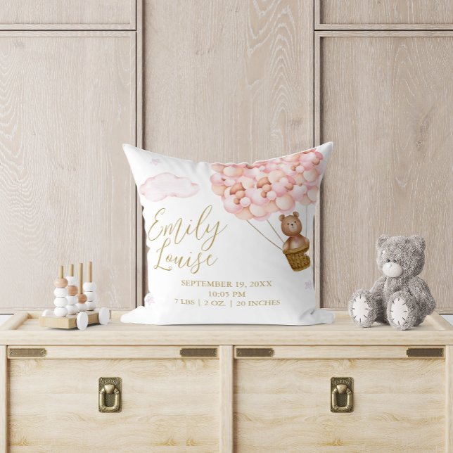Teddy Bear Pink Balloons Baby Girl Birth Stats Kissen (Teddy Bear Pink Balloons Baby Girl Birth Stats Throw Pillow)