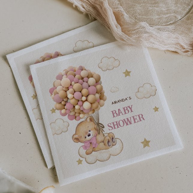 Teddy Bear Pink Balloons Baby Girl Duschdekor Serviette (Von Creator hochgeladen)