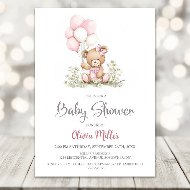 Teddy Bear Pink Balloons Baby Shower Invitation Einladung (Von Creator hochgeladen)