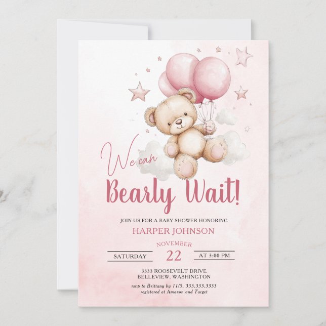 Teddy Bear Pink Balloons Babydusche Einladung (Vorderseite)