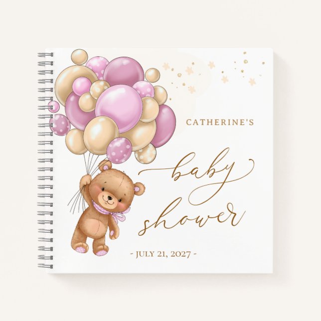 Teddy Bear Pink Balloons Babydusche Gästebuch Notizbuch (Vorderseite)